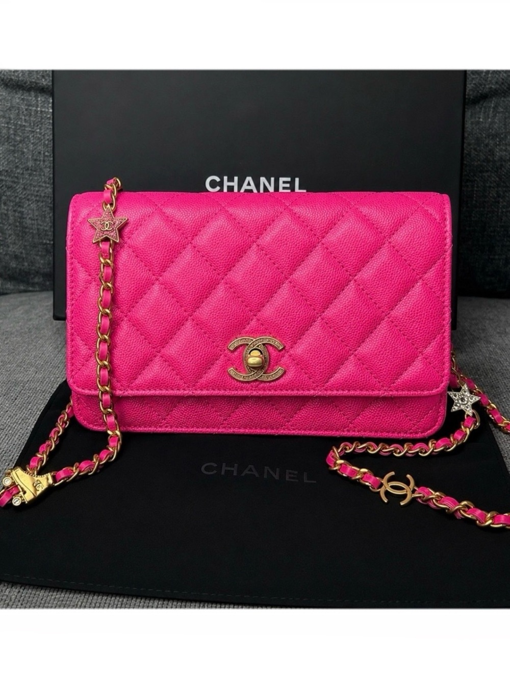 CHANEL CC turnlock caviar leather wallet on chain